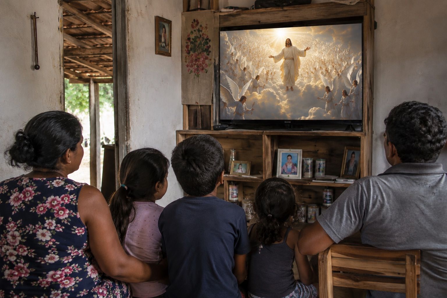 Familia reunida en casa viendo TV Terceiro Anjo